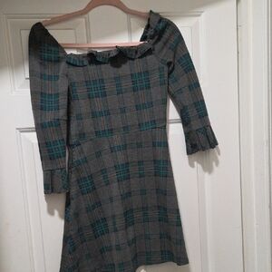 J.O.A. Gray and Teal Plaid Long Sleeve Dress